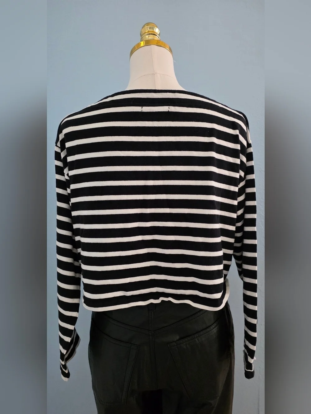 J. Crew Black and White Striped Cropped Fit Top